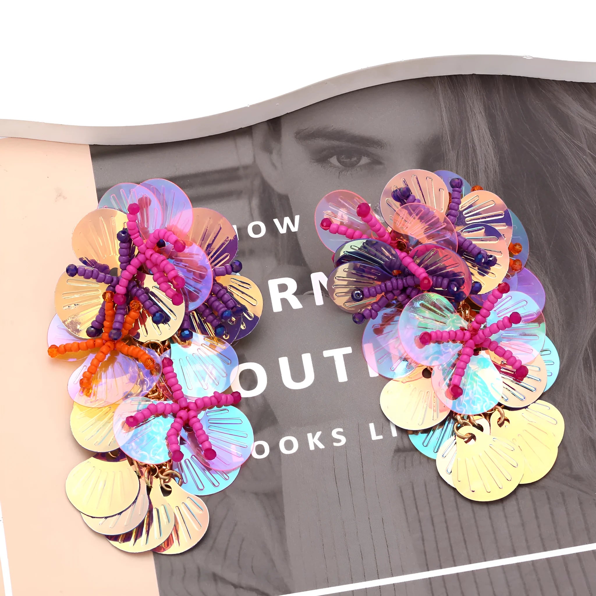 Handmade colourful beaded flower and leaf earrings in exaggerated European American dopamine style