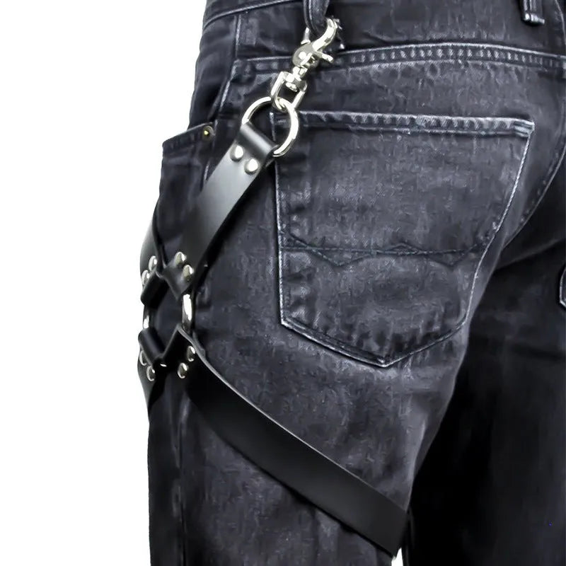 Black women's leggings with PU leather ankle accessories and leather detailing