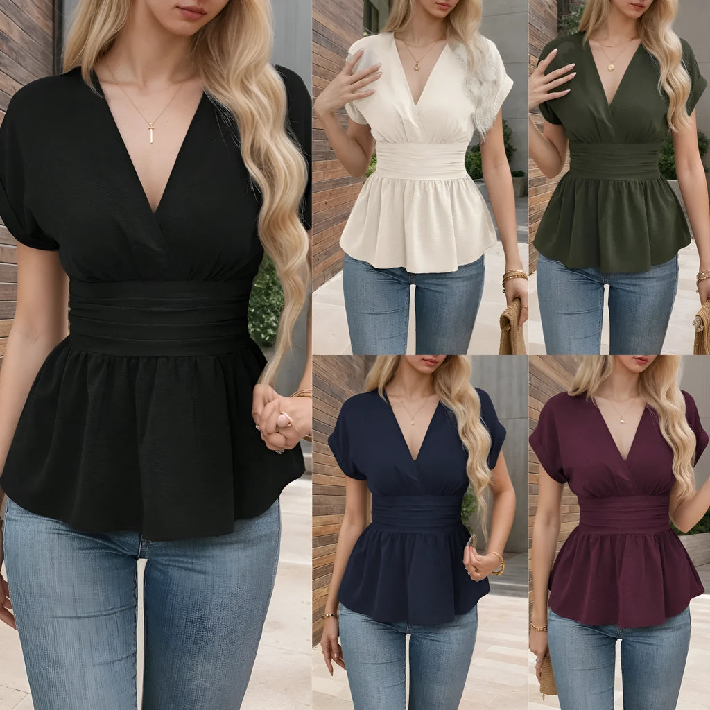 Women's solid colour V-neck short sleeve top with waist pleating detail in slim fit.