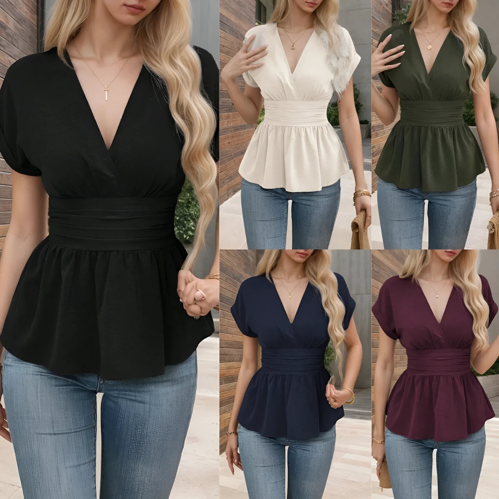 Women's solid colour V-neck short sleeve top with waist pleating detail in slim fit.