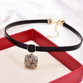Alloy black square short necklace with rhimestone and gray diamond pattern for women on adjustable chain