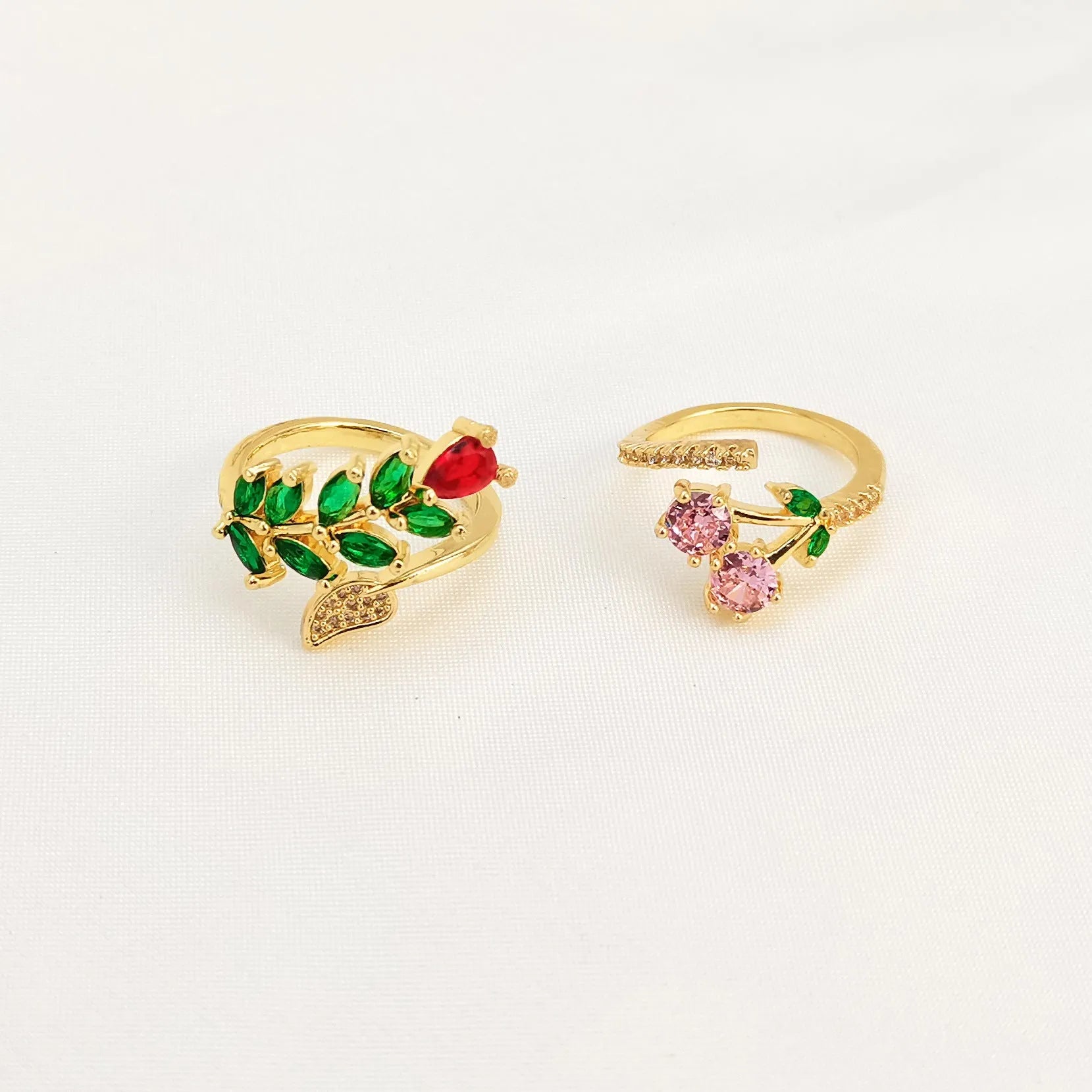 Women's copper geometric leaf open mouth ring with gold zircon plating and micro inlaid detailing