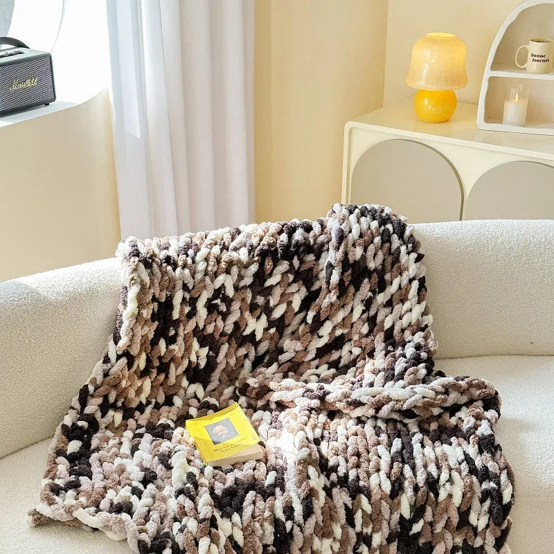 Chenille cover blanket with striped hand-dyed pattern in colour options including caramel mango.