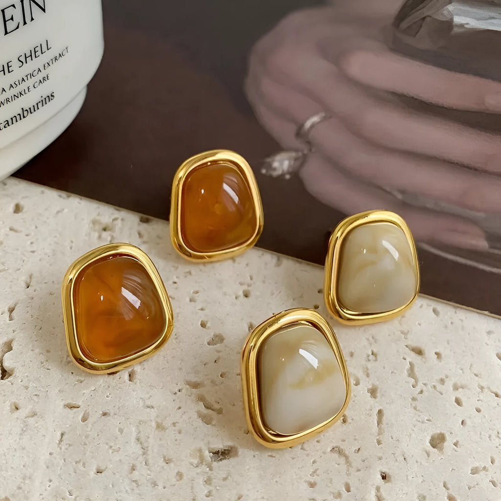 French style geometric pearl earrings with retro quadrilateral metal design in brown, coffee or white