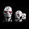 Personalised skull stud earrings with ghost head design and red eye detail