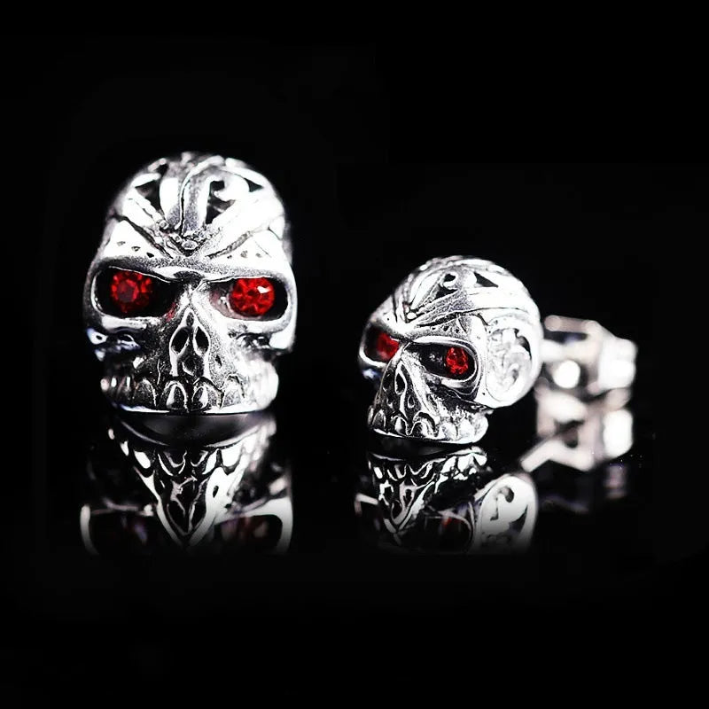 Personalised skull stud earrings with ghost head design and red eye detail