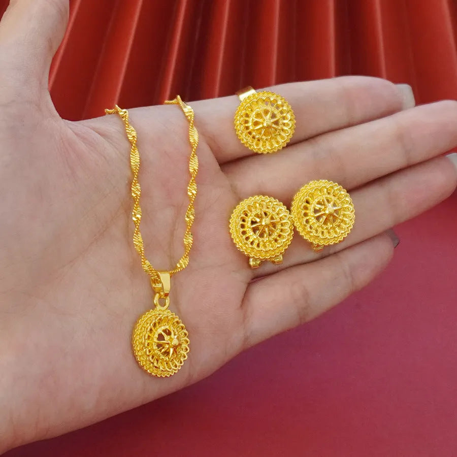 Gold-plated three-piece jewellery suit with three-layer flower design pendant, earrings, and ring on water wave chain