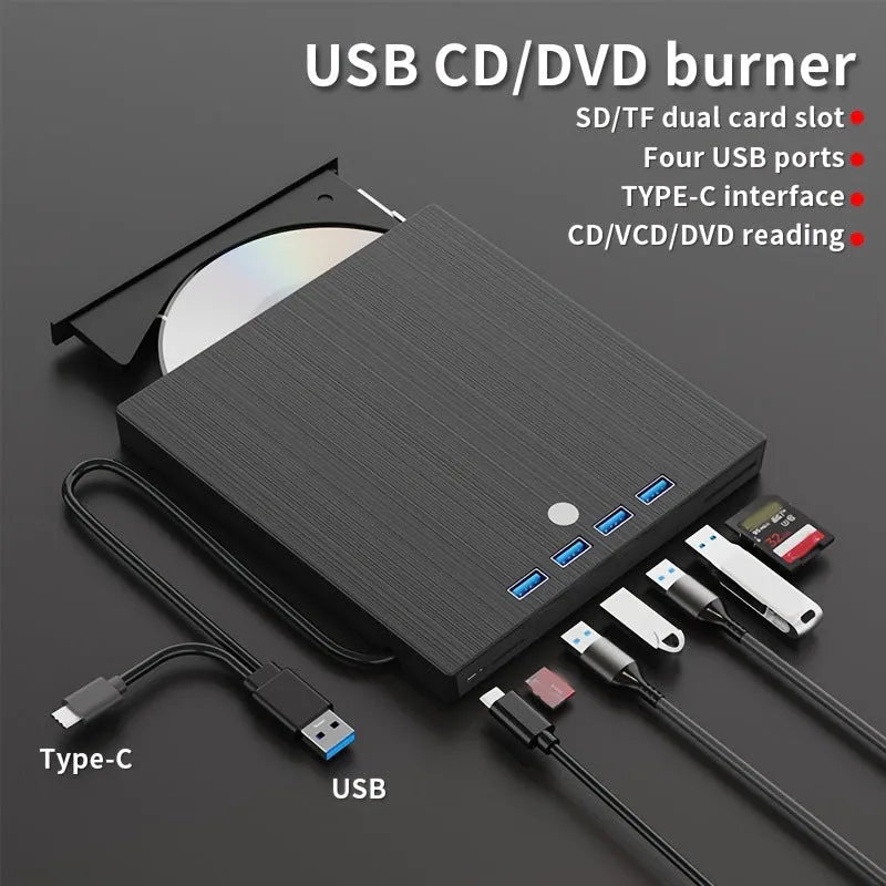 Black external DVD burner with USB and TYPE-C cables, tray loading drive on a desk