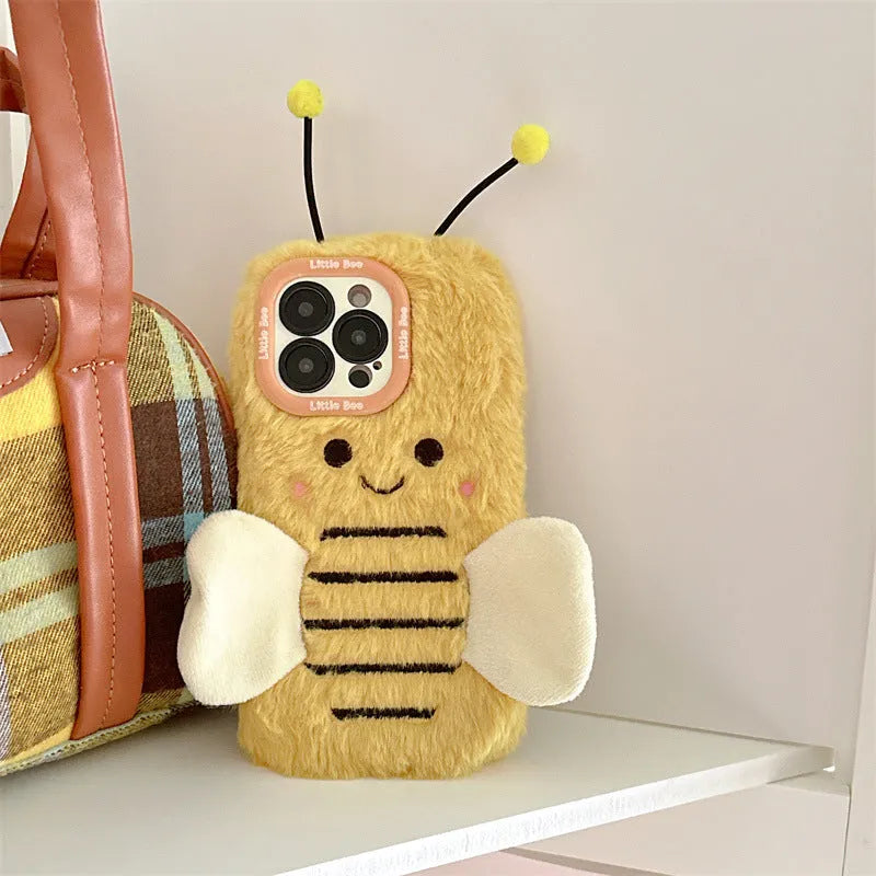 Plush cartoon bee lens bracket phone case in Little Bee colour for iPhone showing furry texture and stand