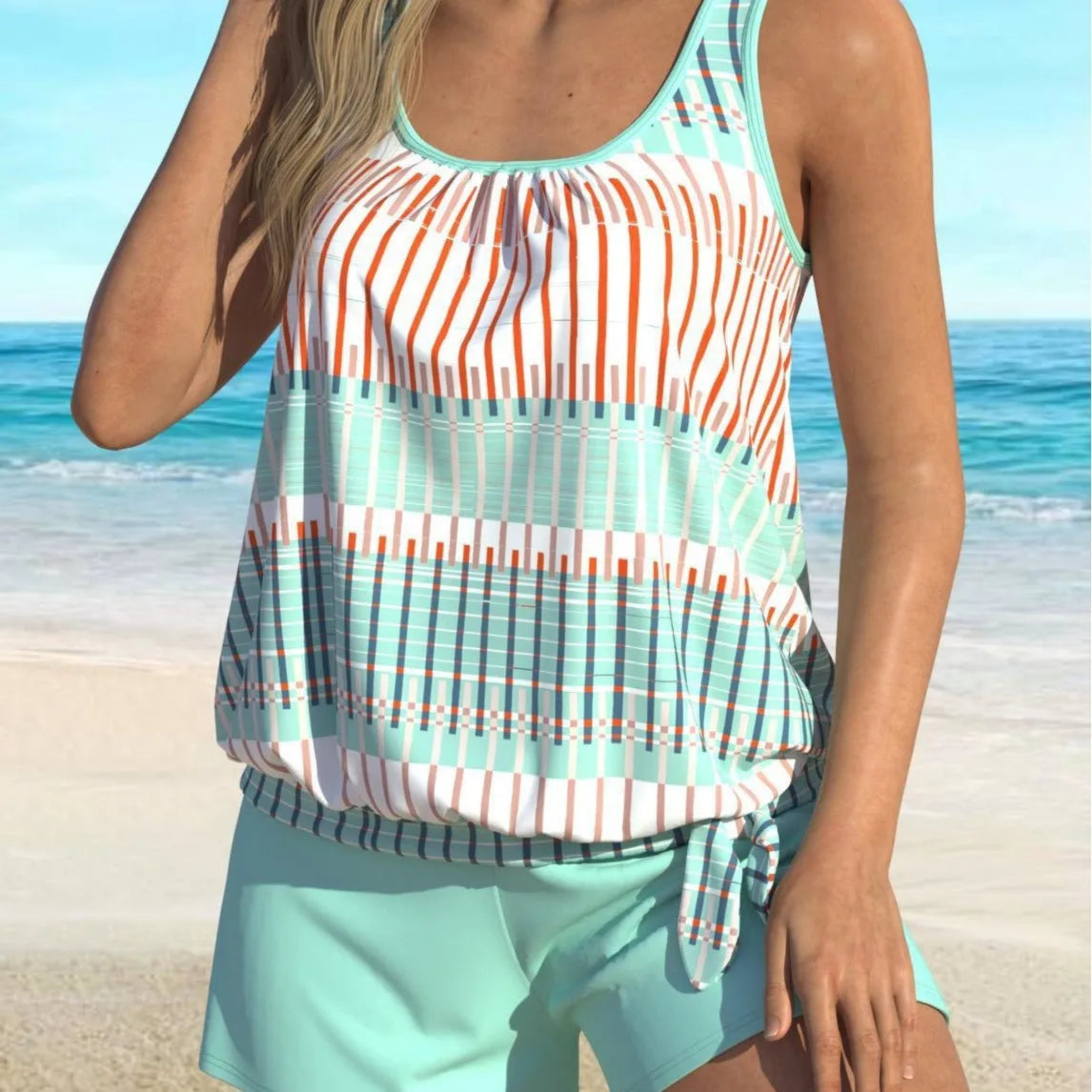 Women's blue striped swimsuit bikini set in sky blue with colour split design