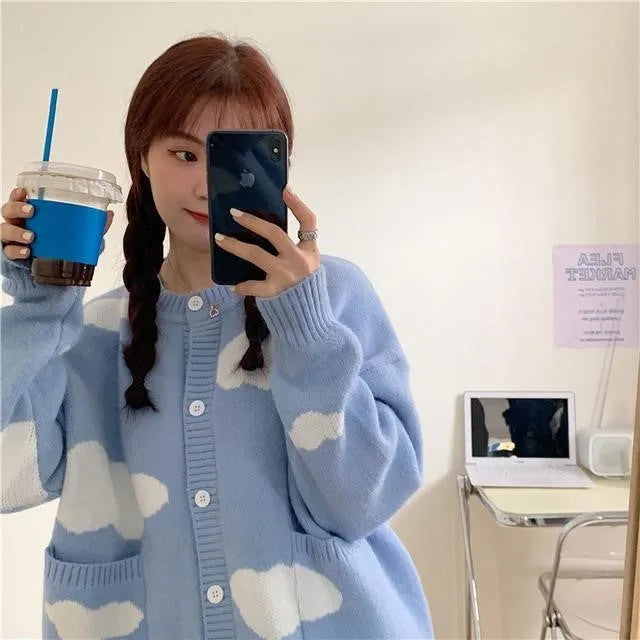 Women's blue cloud pattern spandex cardigan sweater coat with loose fit design