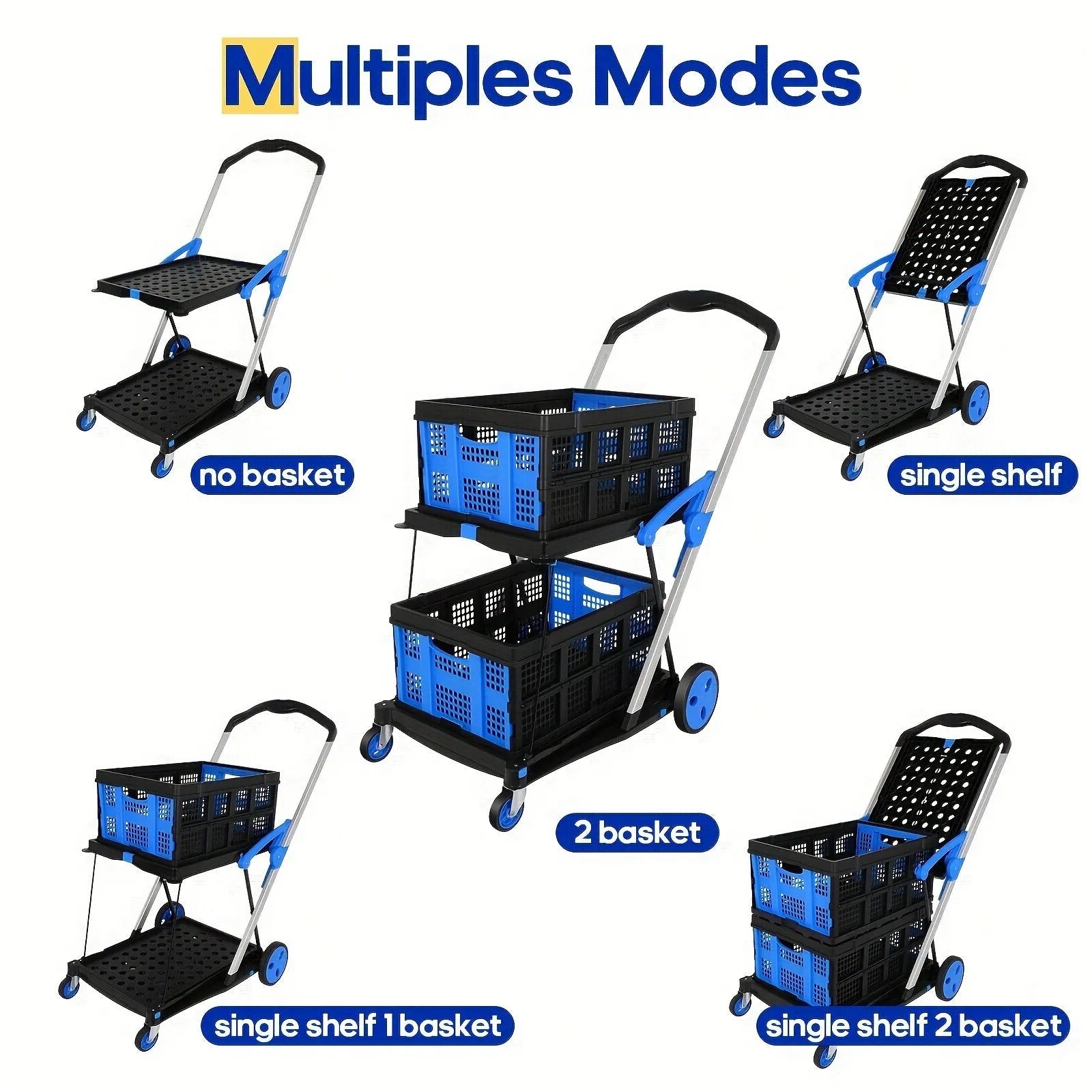 Blue foldable shopping trolley with two plastic baskets showing collapsed and extended positions
