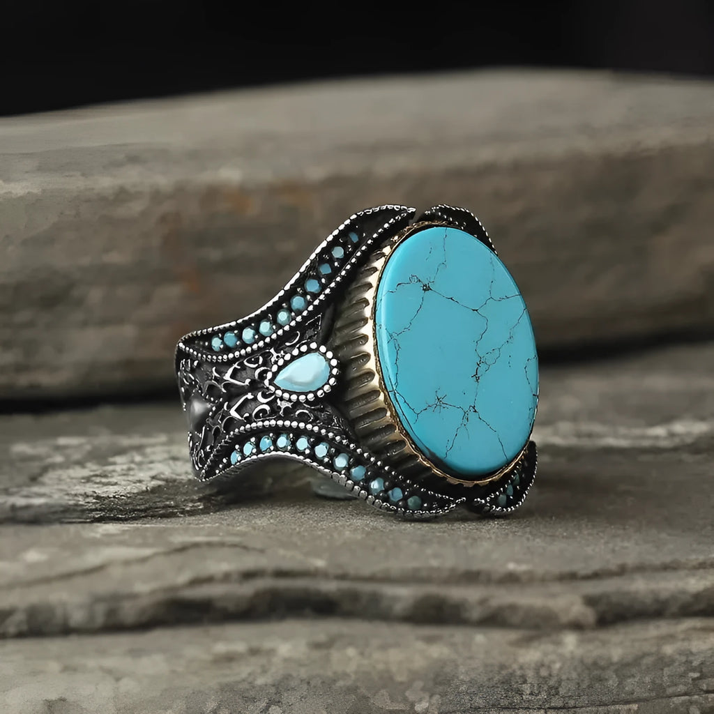 Men's antique silver alloy ring with turquoise stone on circular band