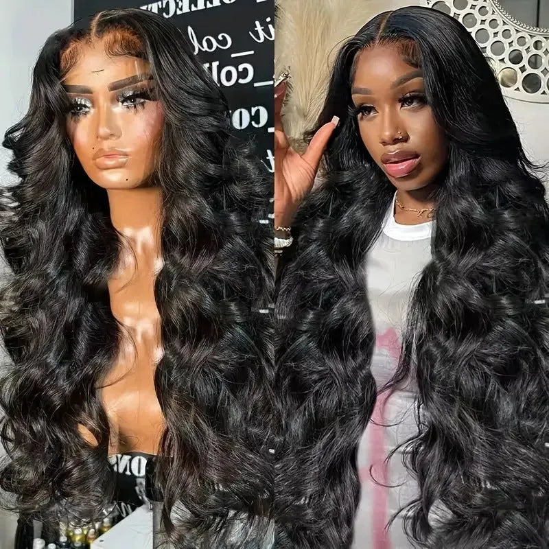 Black synthetic ladies wig with big wave texture on a stand, showing lace front.