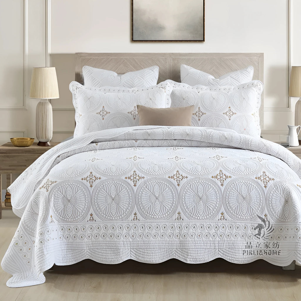 Double-thick pure cotton embroidered bedspread set with pillowcases for a 1.8 metre bed.