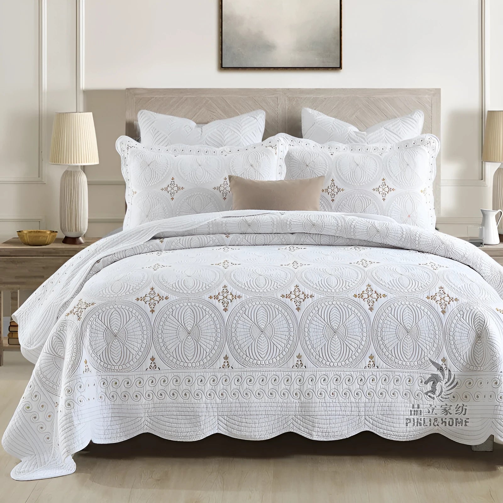 Double-thick pure cotton embroidered bedspread set with pillowcases for a 1.8 metre bed.