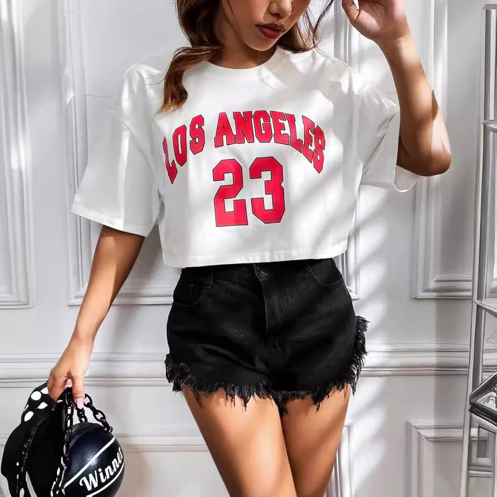 Women's personalised black cotton T-shirt with white English letters, loose fit and exposed navel design.