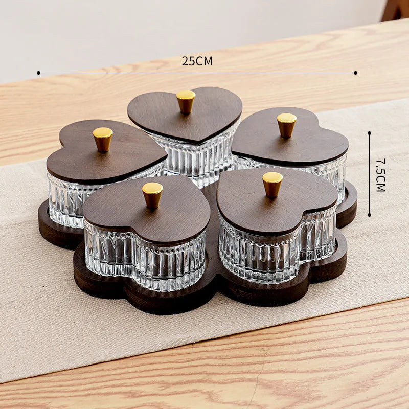 Glass dim sum plate with heart-shaped transparent lids showing solid colour finish