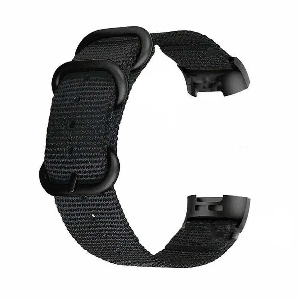 Army Green nylon replacement strap with a three-ring metal buckle for a Fitbit Charge 3 or Charge 4 fitness tracker.