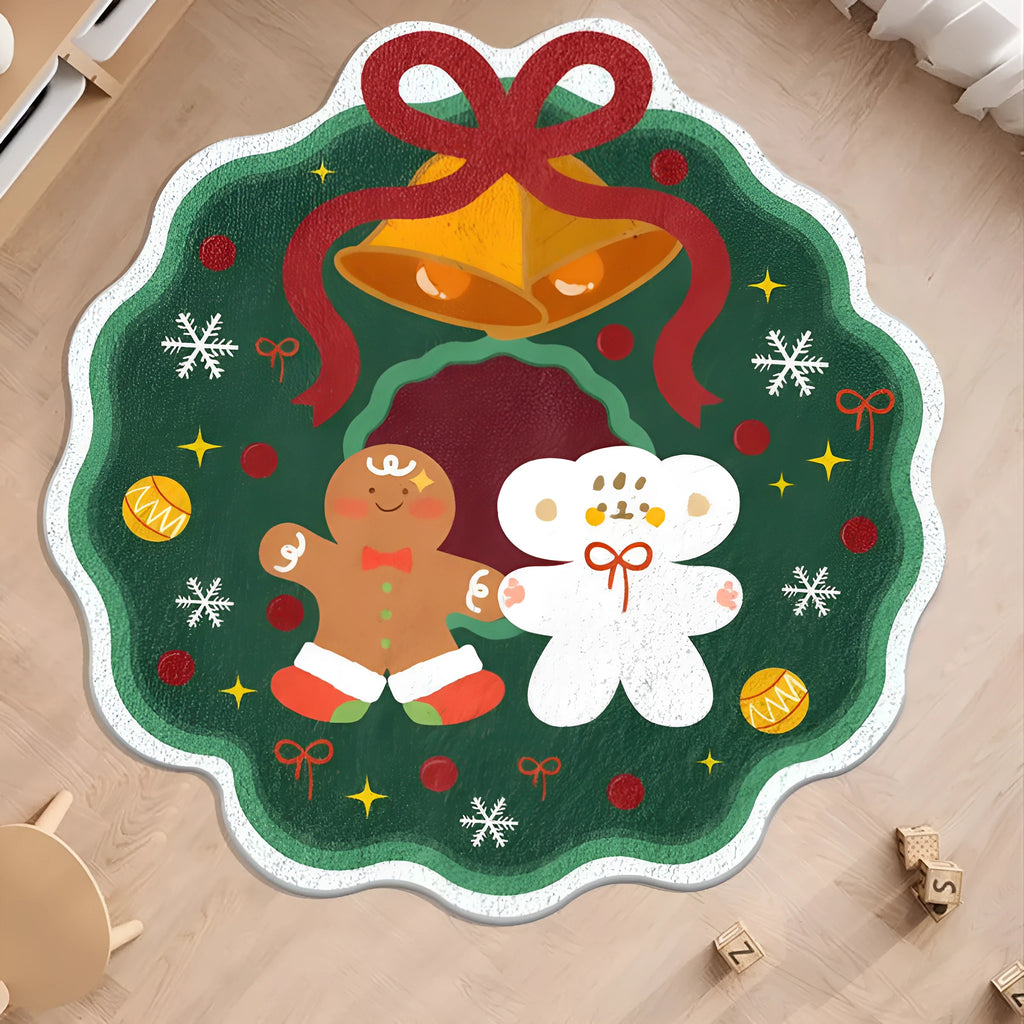 Christmas round carpet with imitation cashmere surface showing festive gingerbread man and tree designs