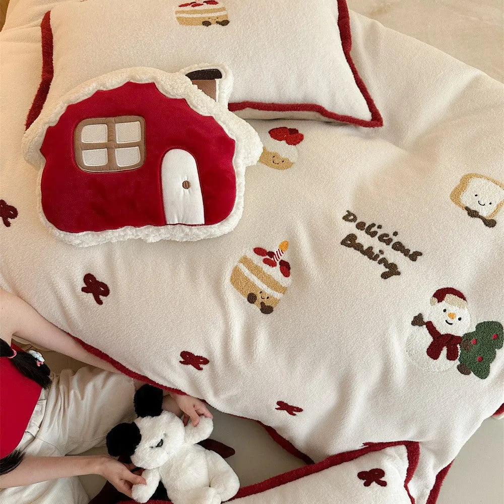 Christmas cartoon bedding four-piece set with xuefu milk pastry pattern on thickened polyester fabric
