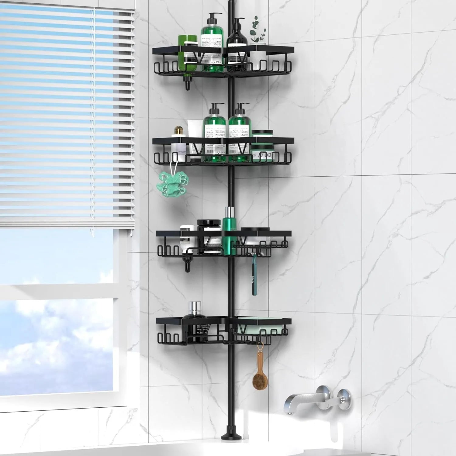 Retractable stainless steel bathroom storage rack with four layers and modern design