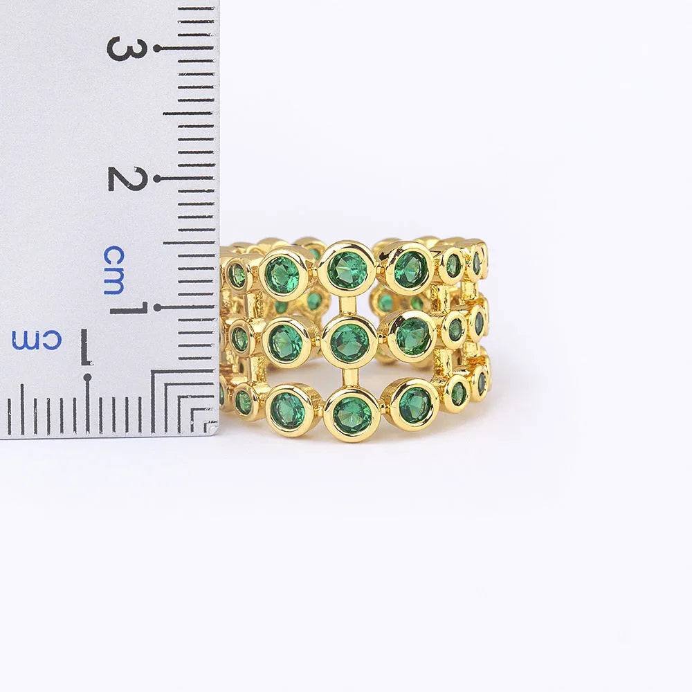 Copper ring with 18K gold plating and green zircon stones in three-layer exaggerated wide design