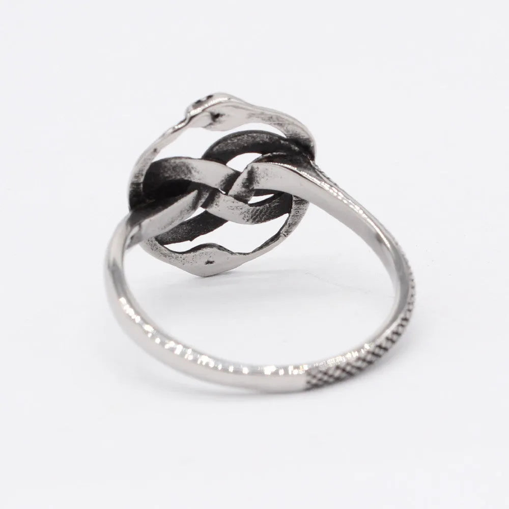 A titanium steel double snake ring in a steel colour on a neutral background.