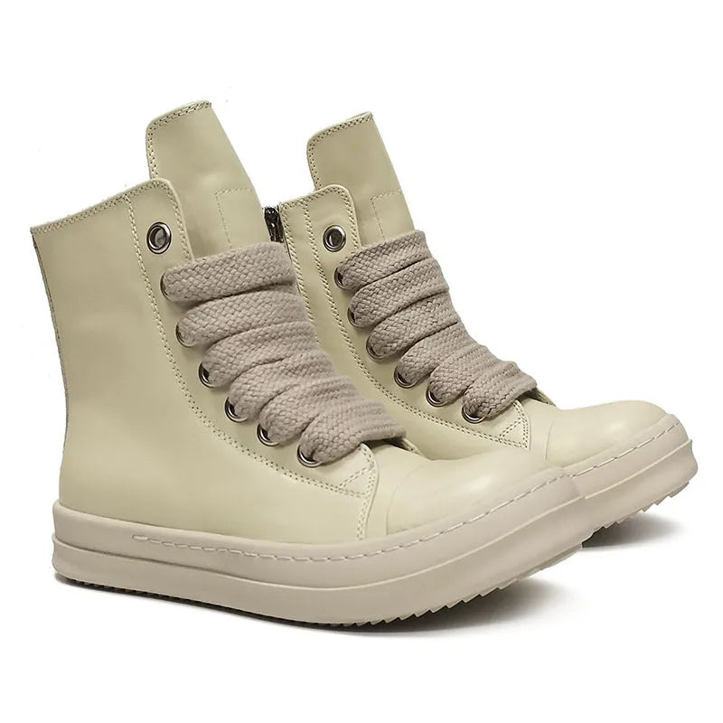 High-top leather sneakers with side zipper in black, white, and red colour options