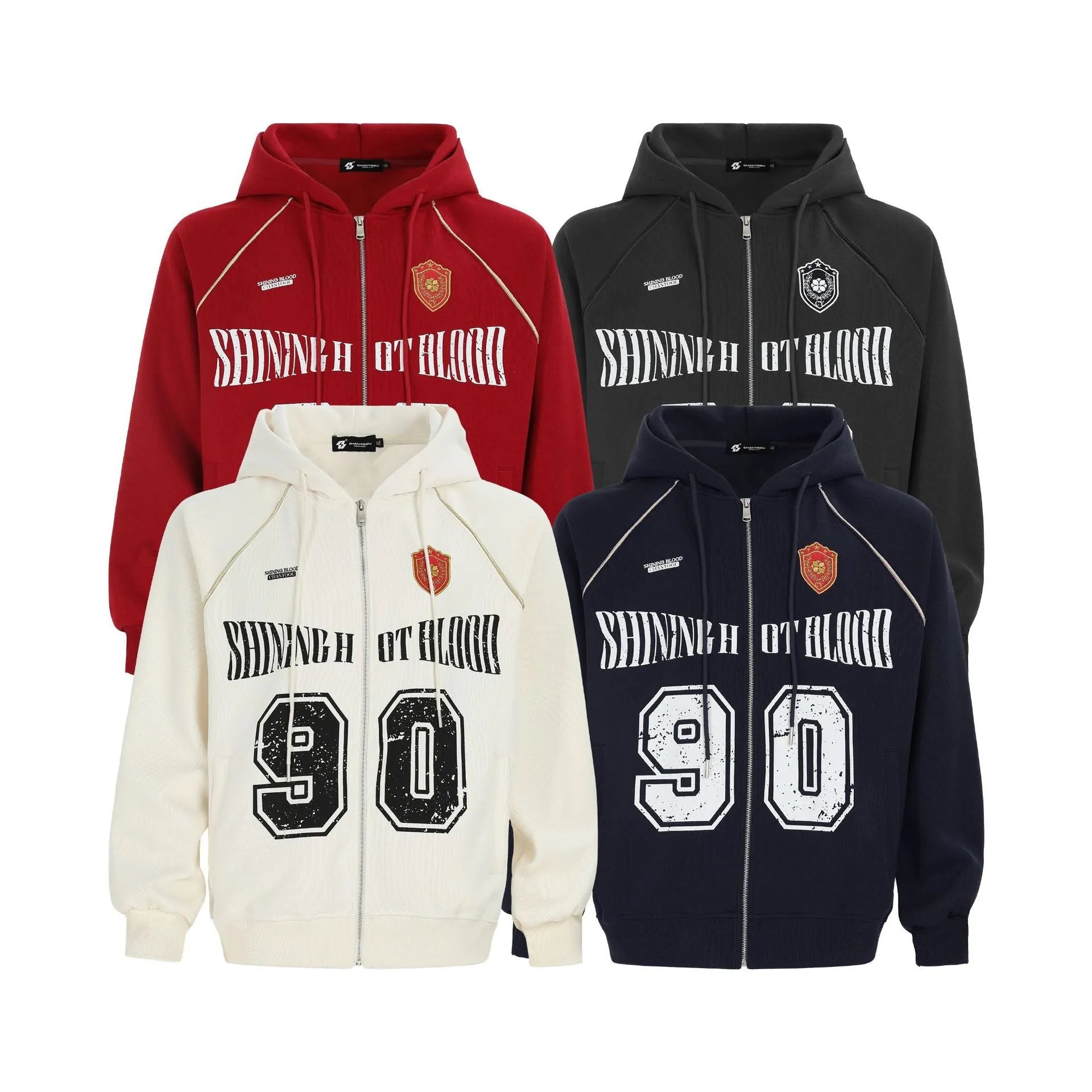 Women's red American retro-style loose hooded jacket with white letter embroidery on the front.