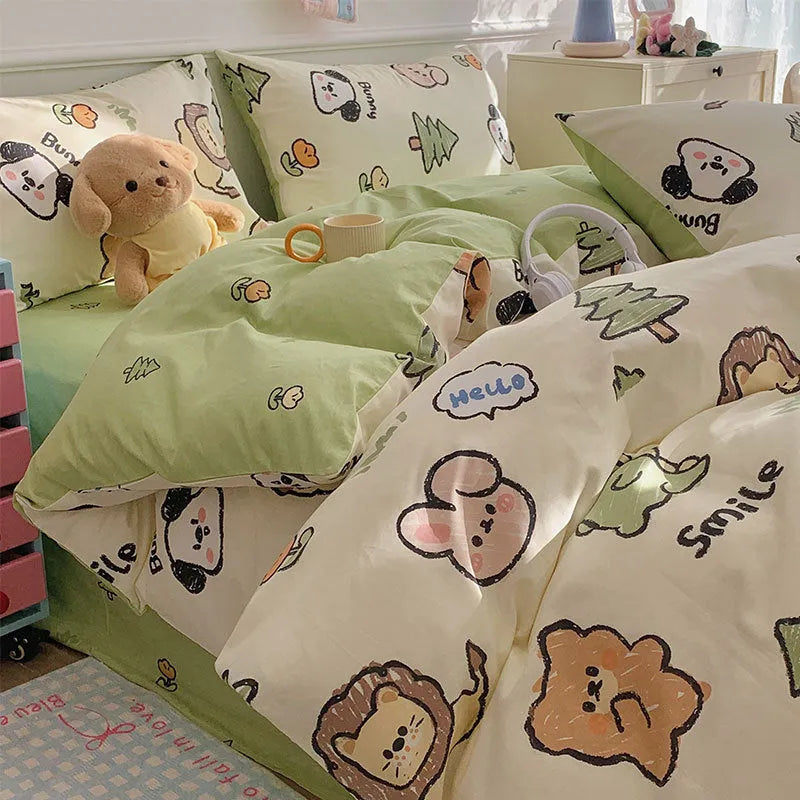 Cartoon dog pattern four-piece pure cotton bedding set laid on a dormitory bed.
