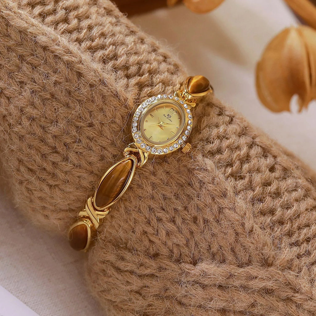 Tigereye Maillard chain watch for women, 7mm alloy, Tiger Eye Champagne Gold colour