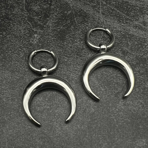 Silver alloy clip-on hoop earrings with gothic moon design and punk style geometric shape