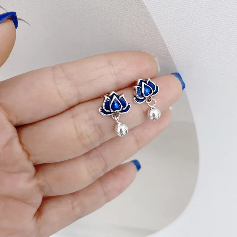 Blue lotus earrings with retro lotus seedpod tassel design in silver needle alloy, measuring 1.2cm wide