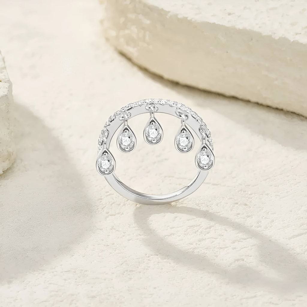 Silver moissanite tassel ring with crown shape, round element, US sizes 5 to 9