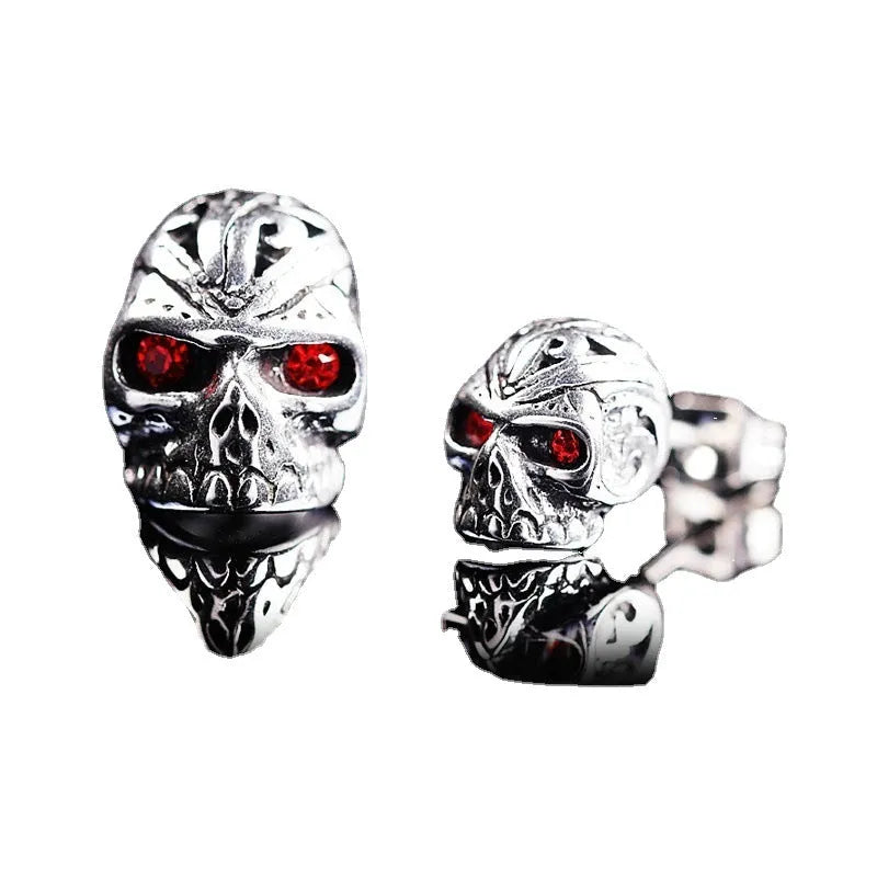 Personalised skull stud earrings with ghost head design and red eye detail