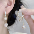 Silver tone rhinestone tassel ball drop earrings with double pendant design