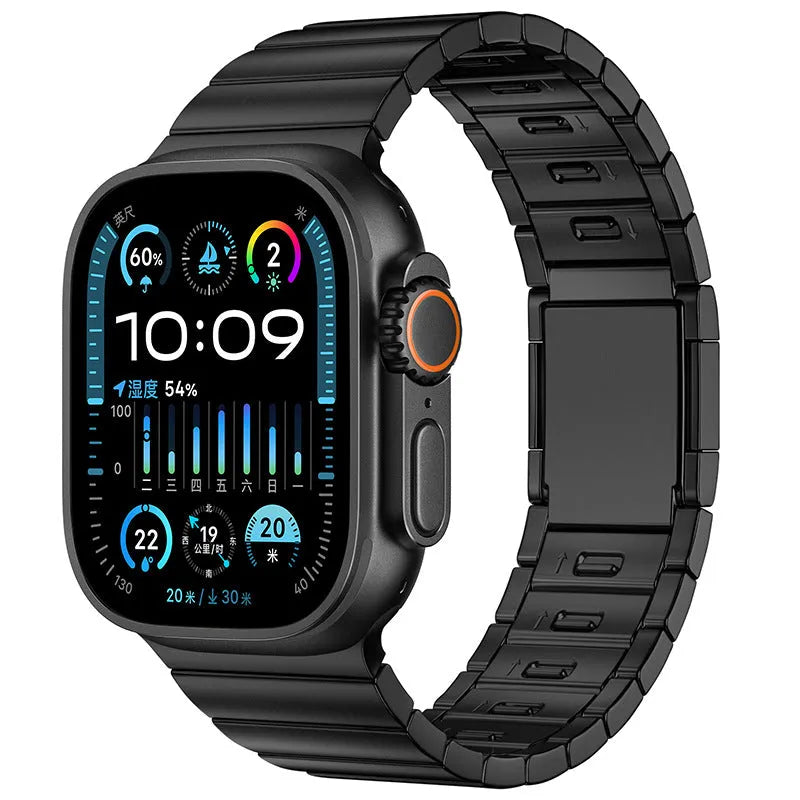 Stainless steel magnetic buckle watch strap for Apple Watch in silver colour on grey background