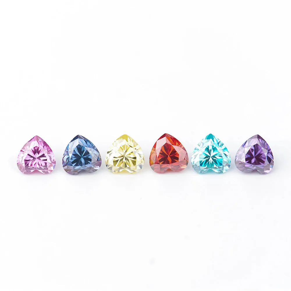 Heart-shaped lemon cut moissanite stone in six colour variations with size comparison