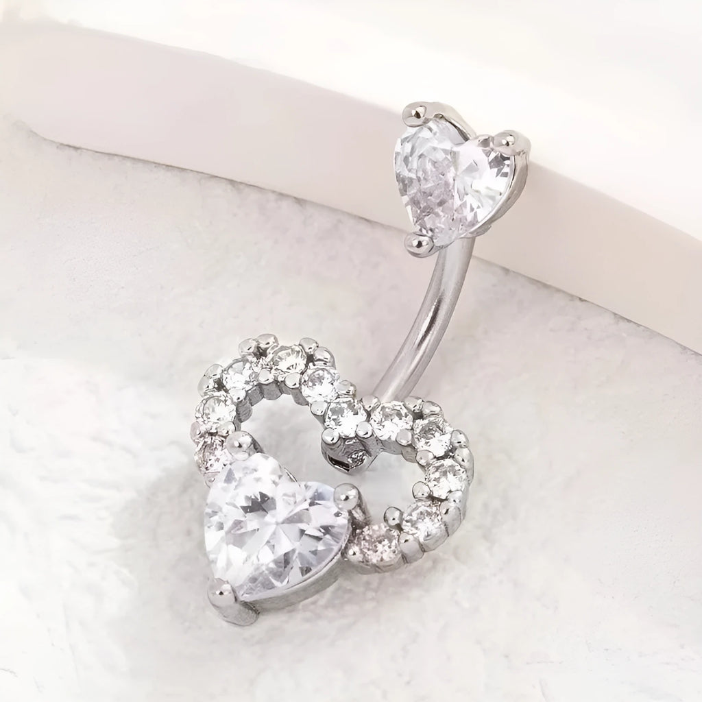 Copper navel stud with heart-shaped zirconium charm in white gold powder finish for women