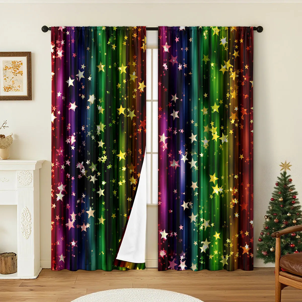 Pair of red and green 3D digitally printed Christmas curtains with festive patterns hanging on a window.