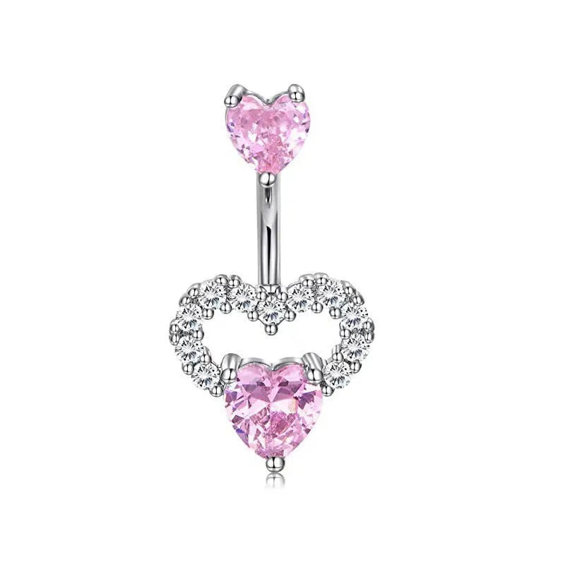 Copper navel stud with heart-shaped zirconium charm in white gold powder finish for women
