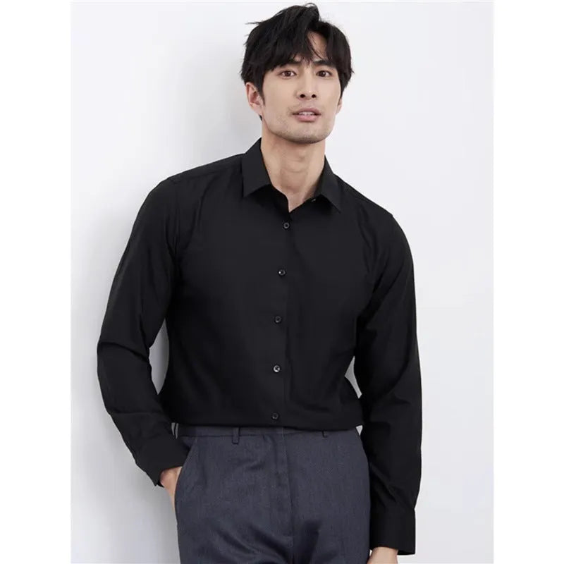 Men's wine red slim fit business casual shirt with non-iron polyester fabric on hanger