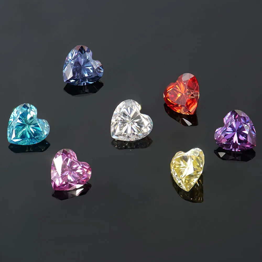Heart-shaped lemon cut moissanite stone in six colour variations with size comparison