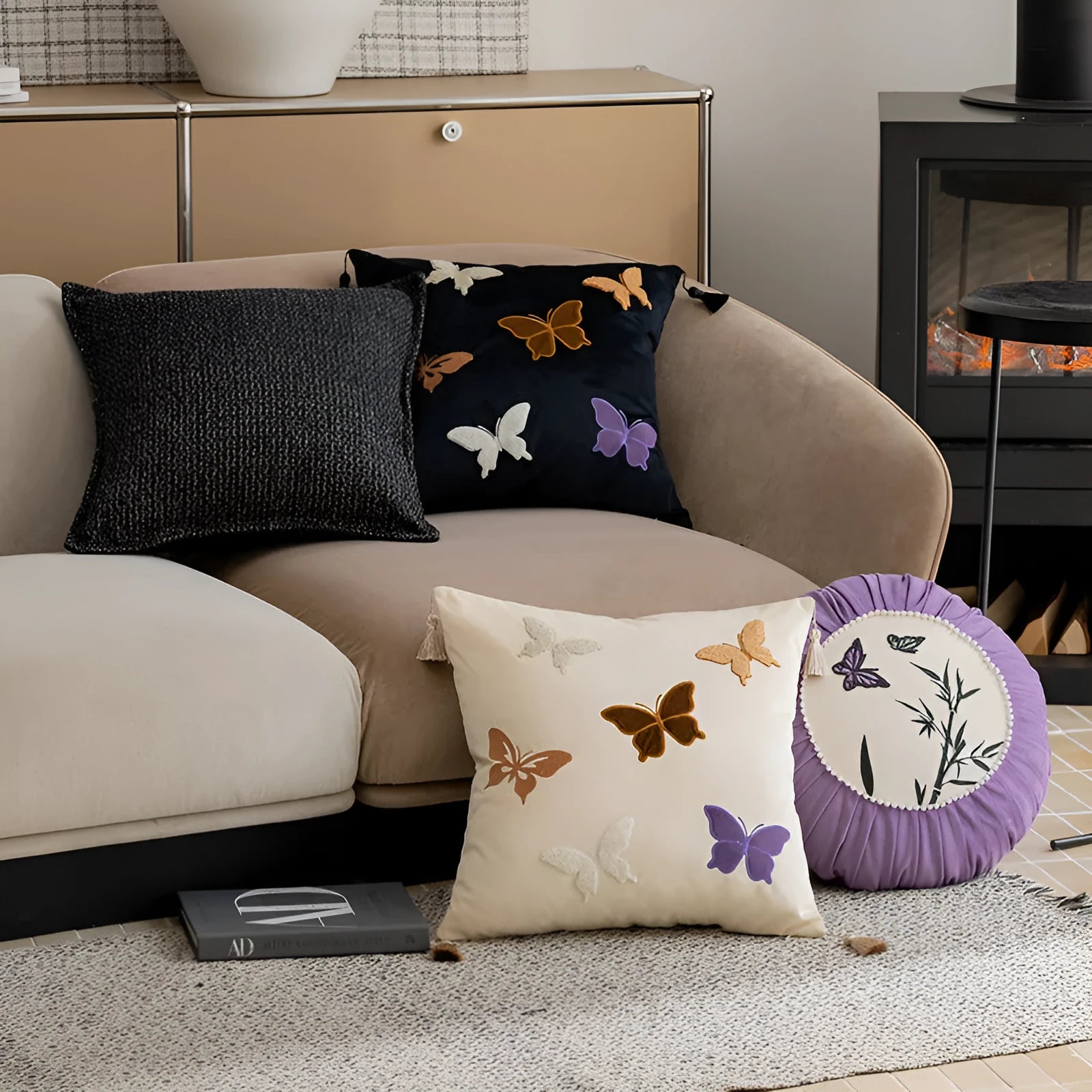 Square beige cushion with intricate Chinese style butterfly embroidery, 45cm in size.