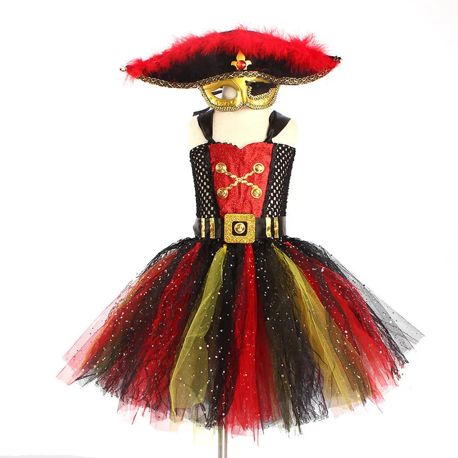 Sleeveless girls pirate costume dress with sequin and lace decoration for Halloween