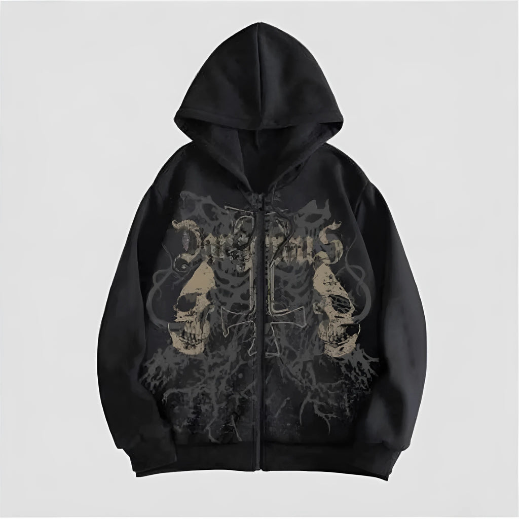 Men's black Harajuku style hooded sweatshirt with skull pattern hot stamping print and long sleeves
