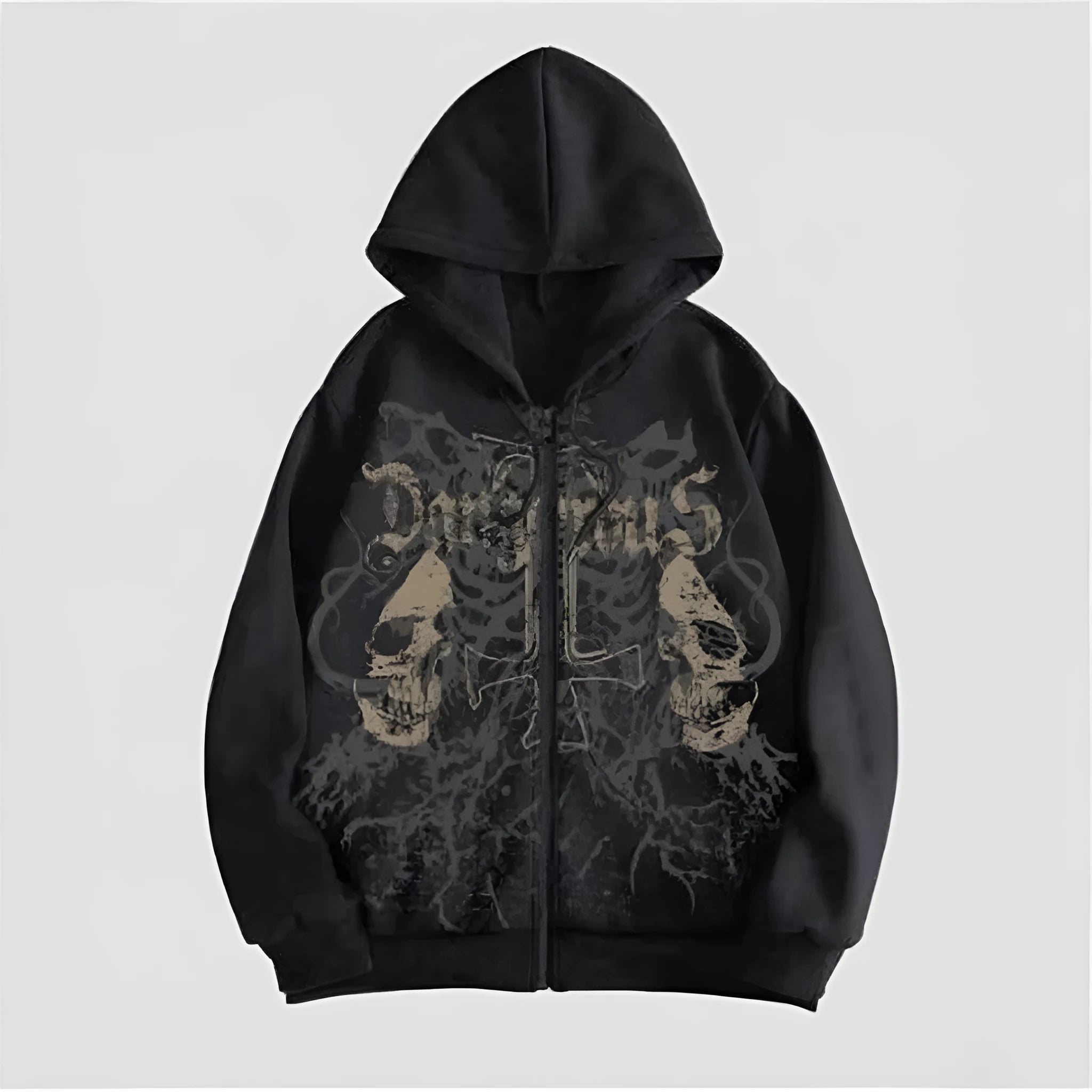 Men's black Harajuku style hooded sweatshirt with skull pattern hot stamping print and long sleeves