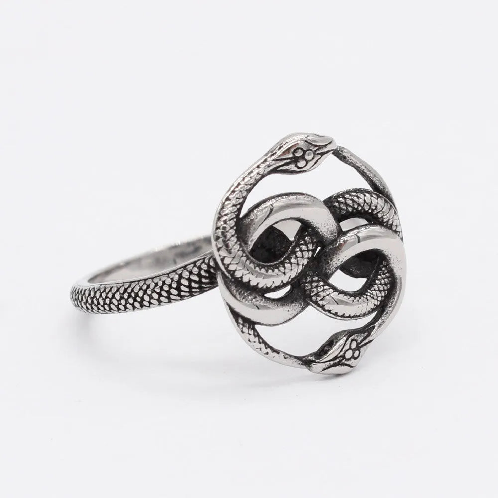 A titanium steel double snake ring in a steel colour on a neutral background.