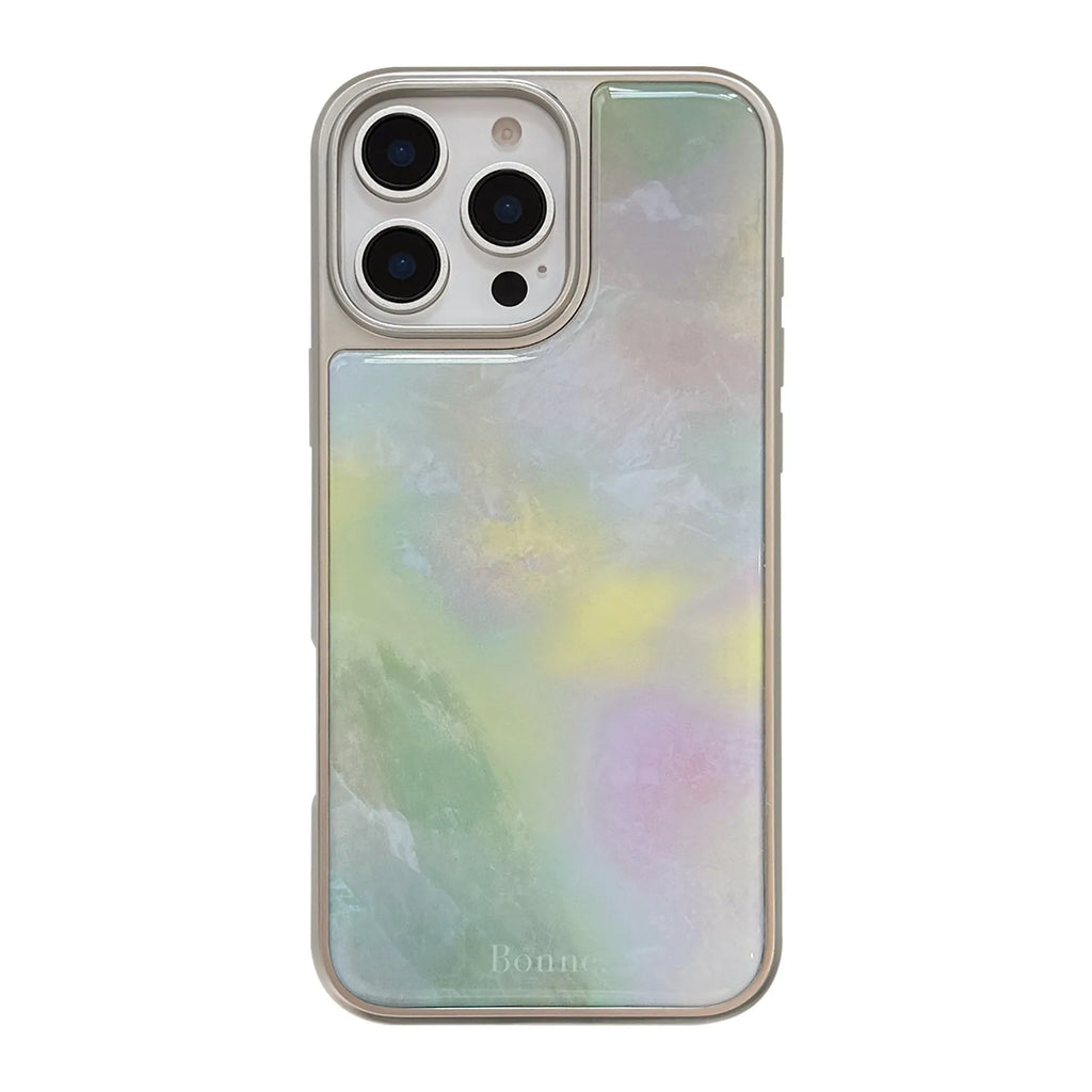 Hard PC phone case with marbling epoxy green pink marble pattern and silver edge for iPhone drop protection